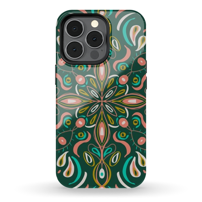iPhone 13 pro StrongFit Bold Boho Mandala in Green Coral and Gold by ECMazur 