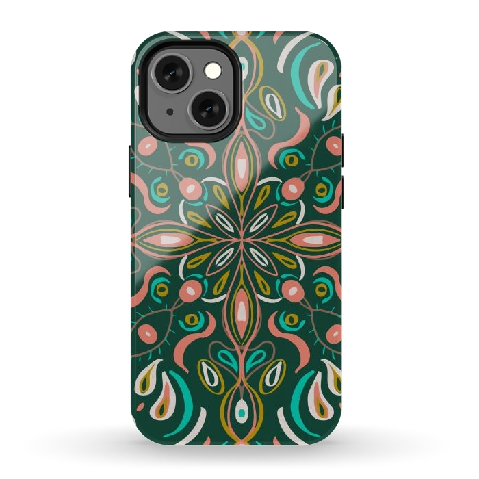 iPhone 13 mini StrongFit Bold Boho Mandala in Green Coral and Gold by ECMazur 