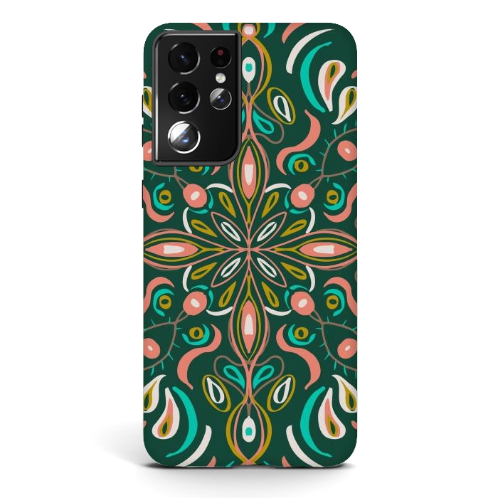 Galaxy S21 ultra StrongFit Bold Boho Mandala in Green Coral and Gold by ECMazur 