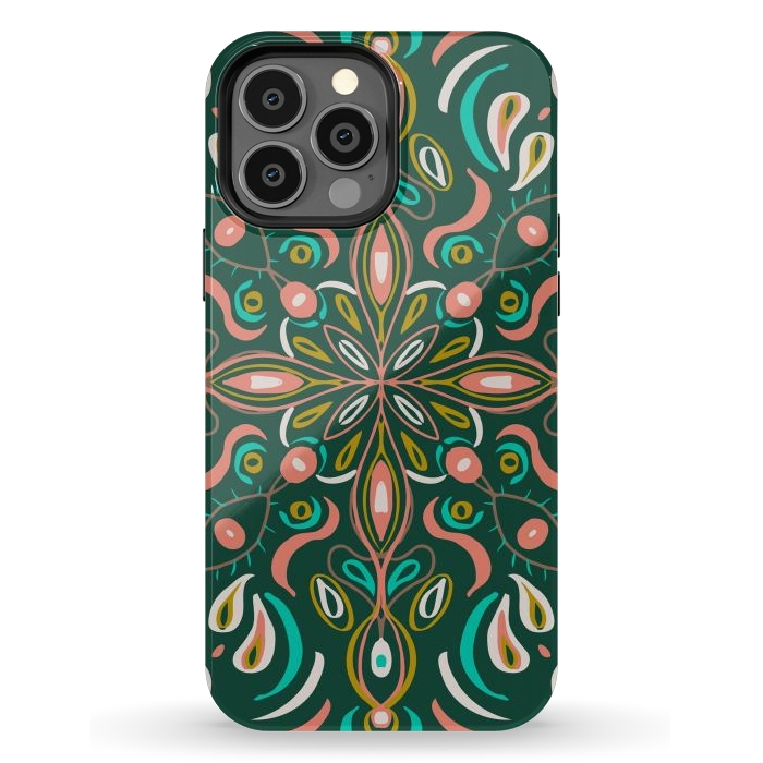 iPhone 13 Pro Max StrongFit Bold Boho Mandala in Green Coral and Gold by ECMazur 
