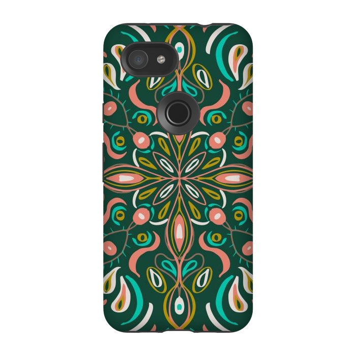 Pixel 3A StrongFit Bold Boho Mandala in Green Coral and Gold by ECMazur 