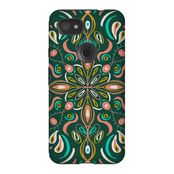 Pixel 3AXL StrongFit Bold Boho Mandala in Green Coral and Gold by ECMazur 