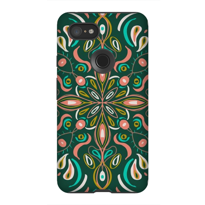 Pixel 3XL StrongFit Bold Boho Mandala in Green Coral and Gold by ECMazur 