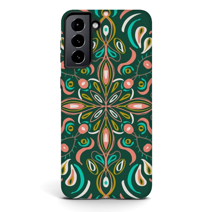 Galaxy S21 plus StrongFit Bold Boho Mandala in Green Coral and Gold by ECMazur 