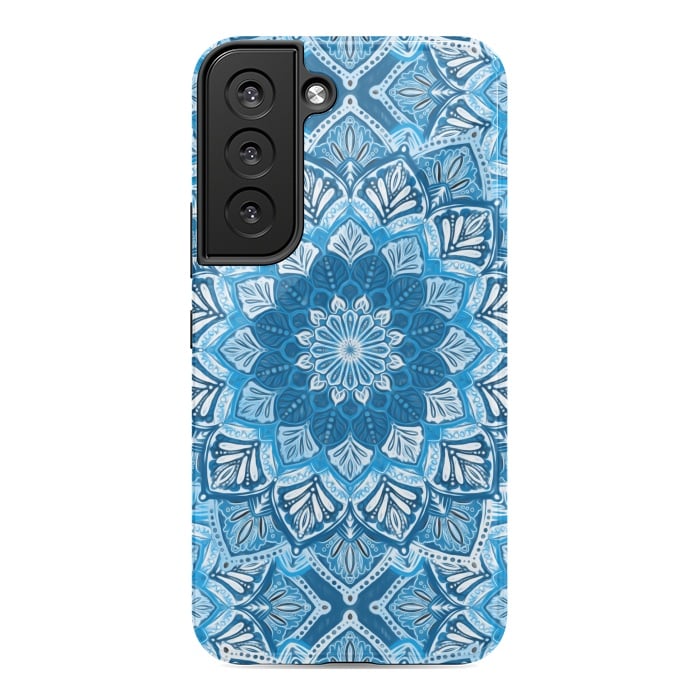 Galaxy S22 StrongFit Boho Mandala in Monochrome Blue and White by Micklyn Le Feuvre