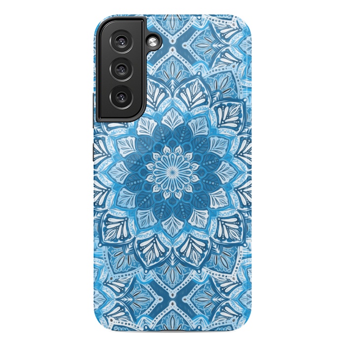 Galaxy S22 plus StrongFit Boho Mandala in Monochrome Blue and White by Micklyn Le Feuvre