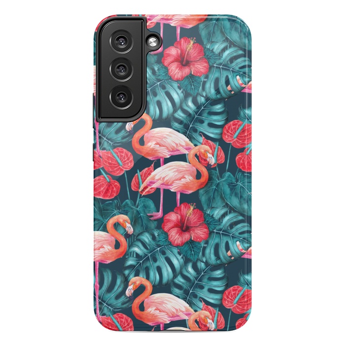 Galaxy S22 plus StrongFit Flamingo birds and tropical garden watercolor by Katerina Kirilova