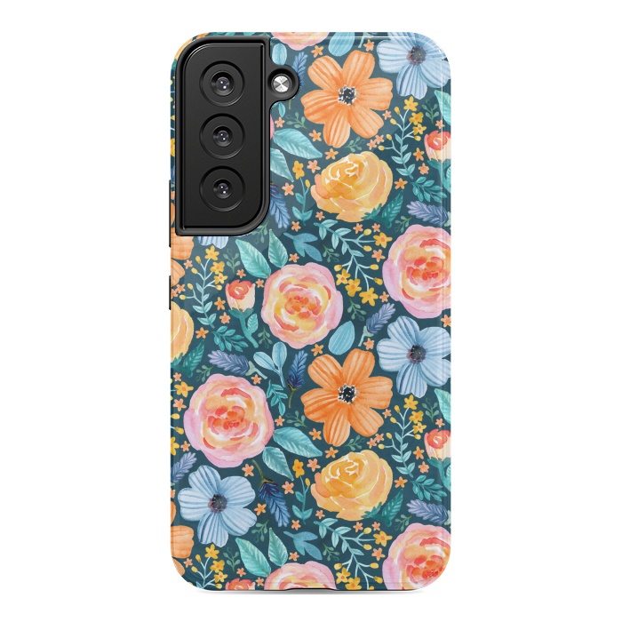 Galaxy S22 StrongFit Bold Blooms on Dark Teal by Tangerine-Tane