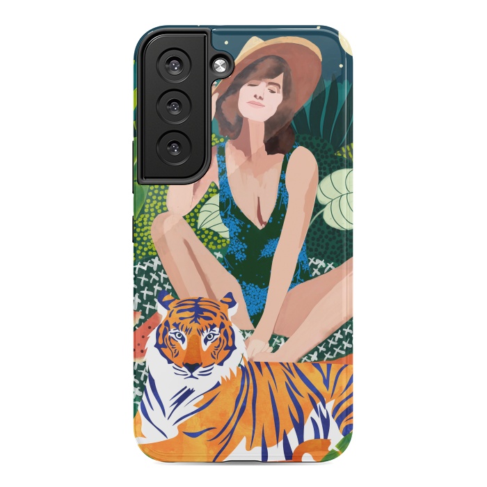 Galaxy S22 StrongFit Living In The Jungle, Tiger Tropical Picnic Illustration, Forest Woman Bohemian Travel Camp Wild by Uma Prabhakar Gokhale