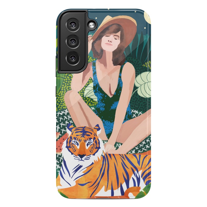 Galaxy S22 plus StrongFit Living In The Jungle, Tiger Tropical Picnic Illustration, Forest Woman Bohemian Travel Camp Wild by Uma Prabhakar Gokhale