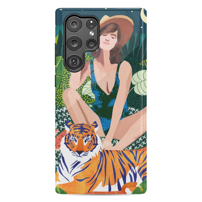 Galaxy S22 Ultra StrongFit Living In The Jungle, Tiger Tropical Picnic Illustration, Forest Woman Bohemian Travel Camp Wild by Uma Prabhakar Gokhale
