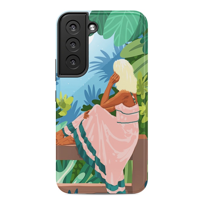 Galaxy S22 StrongFit Forest Moon, Bohemian Woman Jungle Nature Tropical Colorful Travel Fashion Illustration by Uma Prabhakar Gokhale