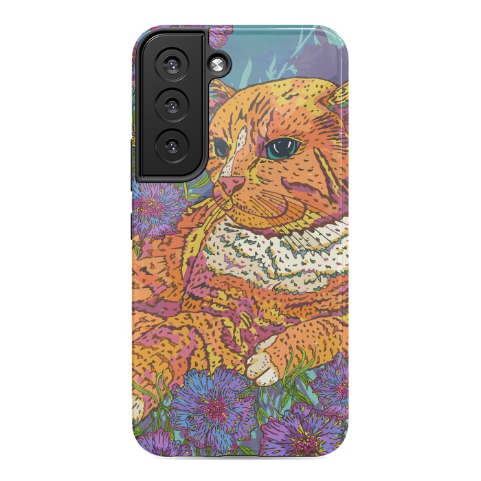 Galaxy S22 StrongFit Ginger Cat in Flowers by Lotti Brown