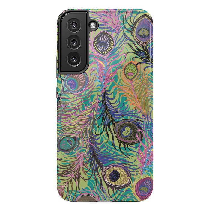 Galaxy S22 plus StrongFit Peacock Feathers in Lime Green & Pink by Lotti Brown
