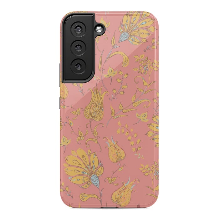 Galaxy S22 StrongFit Paradise Floral - Coral & Yellow by Lotti Brown