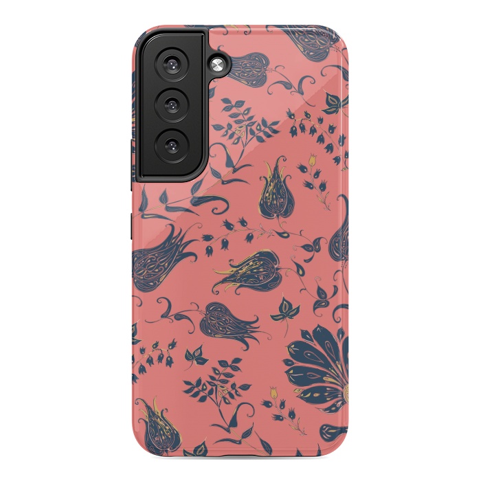 Galaxy S22 StrongFit Paradise Florals - Coral & Blue by Lotti Brown