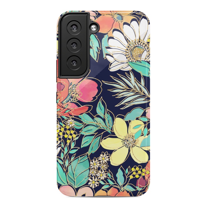 Galaxy S22 StrongFit Cute girly pink floral golden strokes design by InovArts