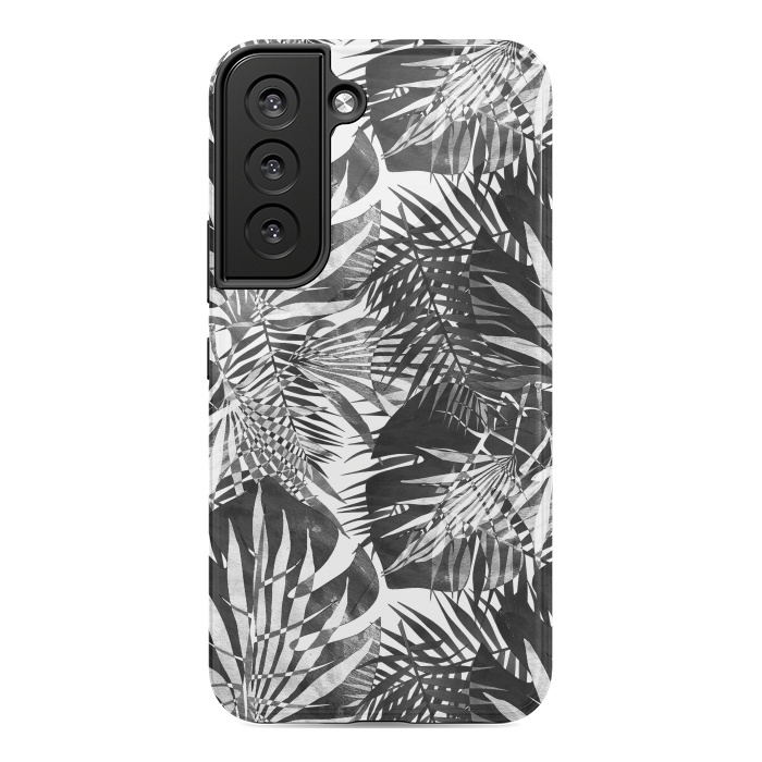 Galaxy S22 StrongFit Black and white tropical leaves illusion by Oana 