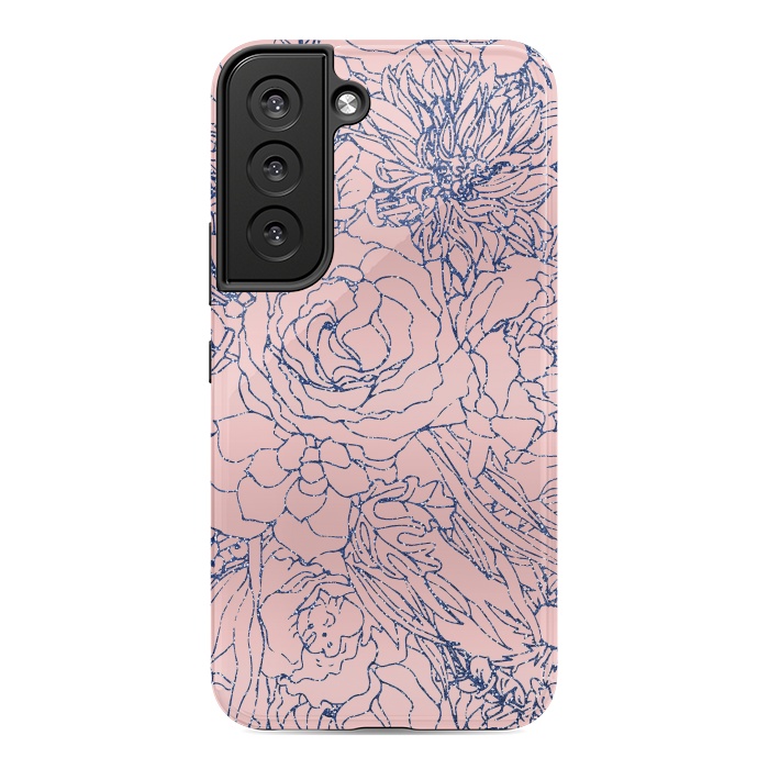 Galaxy S22 StrongFit Stylish Metallic Navy Blue and Pink Floral Design by InovArts