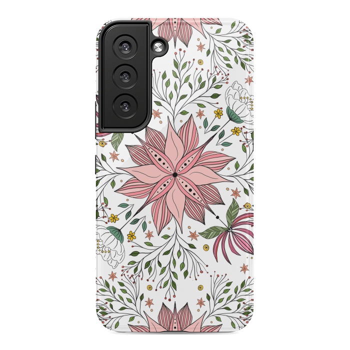 Galaxy S22 StrongFit Cute Vintage Pink Floral Doodles Tile Art by InovArts