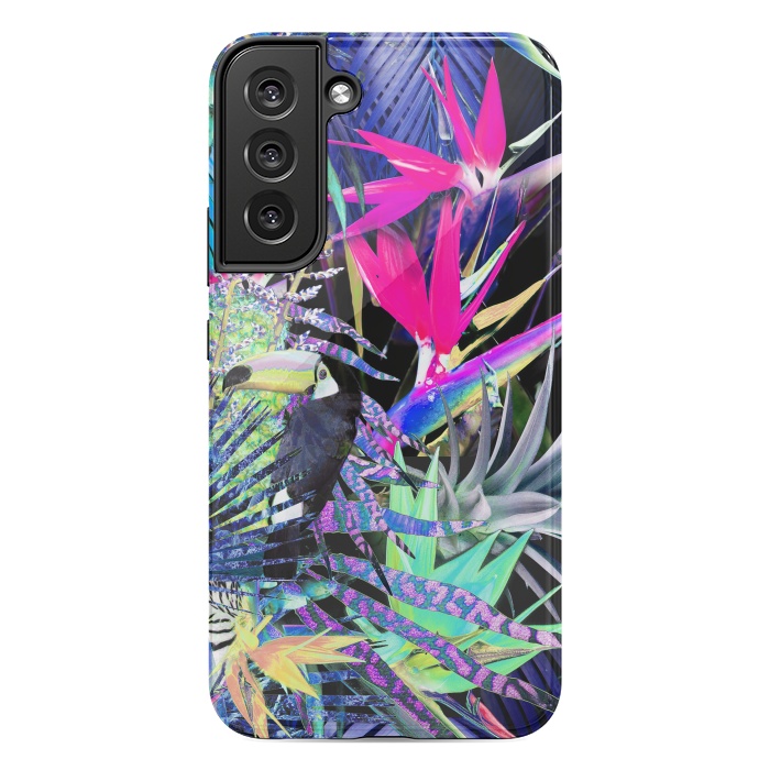 Galaxy S22 plus StrongFit Colorful neon toucan and strelitzia jungle pattern by Oana 