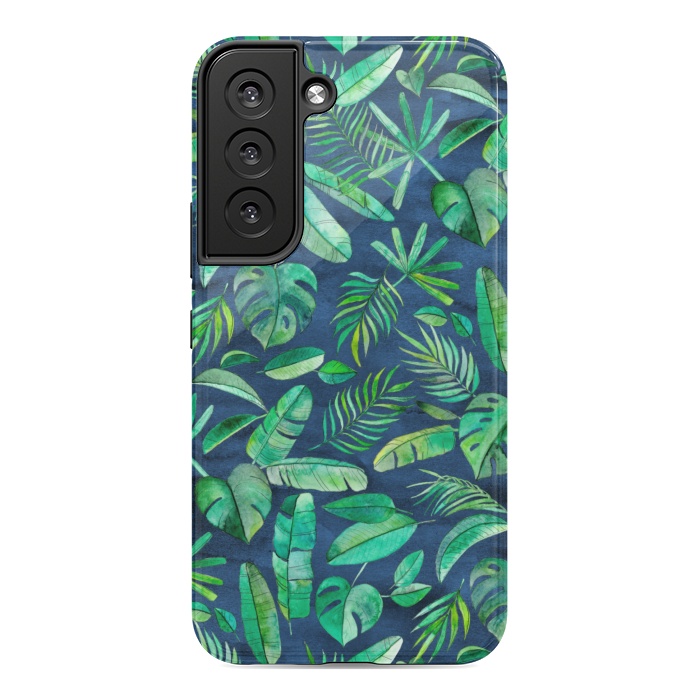 Galaxy S22 StrongFit Emerald Tropical Leaf Scatter on textured Navy Blue by Micklyn Le Feuvre