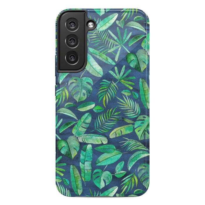 Galaxy S22 plus StrongFit Emerald Tropical Leaf Scatter on textured Navy Blue by Micklyn Le Feuvre