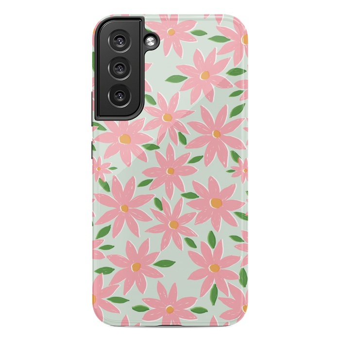 Galaxy S22 plus StrongFit Pretty Hand Paint Pink Daisy Flowers Mint Design by InovArts