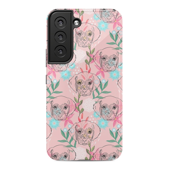 Galaxy S22 StrongFit Cute Puppy Dog and Flowers Pink Creative Art by InovArts