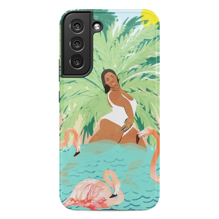 Galaxy S22 plus StrongFit Tropical Summer Water Yoga with Palm & Flamingos | Woman of Color Black Woman Body Positivity by Uma Prabhakar Gokhale