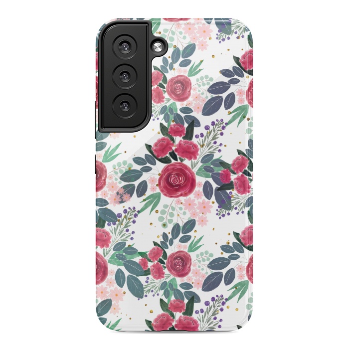 Galaxy S22 StrongFit Cute Rose Pink Peonies Watercolor Paint Gold Dots Design by InovArts