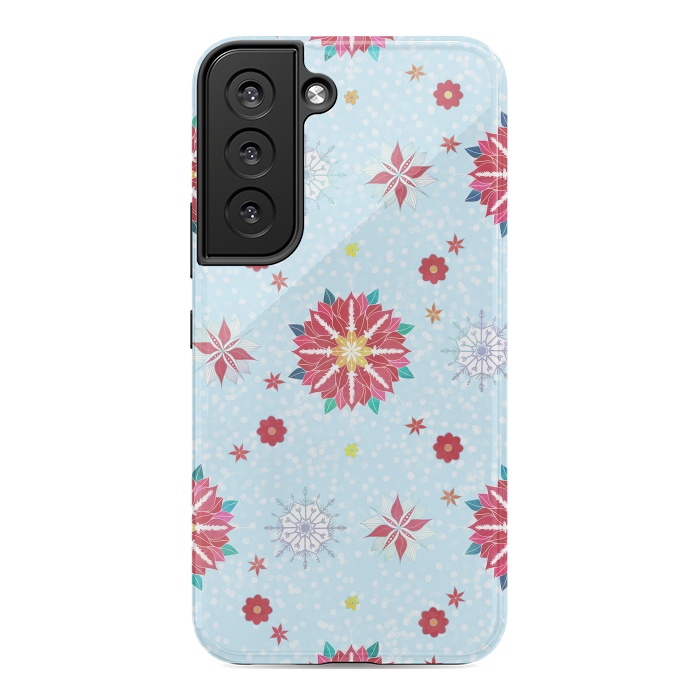 Galaxy S22 StrongFit Trendy Winter Red Poinsettias White Snowflakes Pattern by InovArts