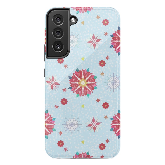 Galaxy S22 plus StrongFit Trendy Winter Red Poinsettias White Snowflakes Pattern by InovArts