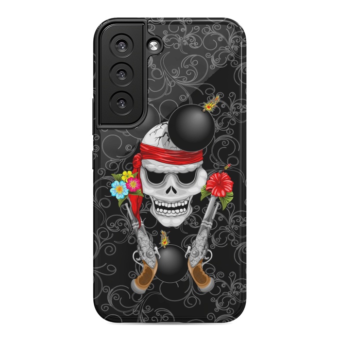Galaxy S22 StrongFit Pirate Skull, Ancient Guns, Flowers and Cannonballs by BluedarkArt