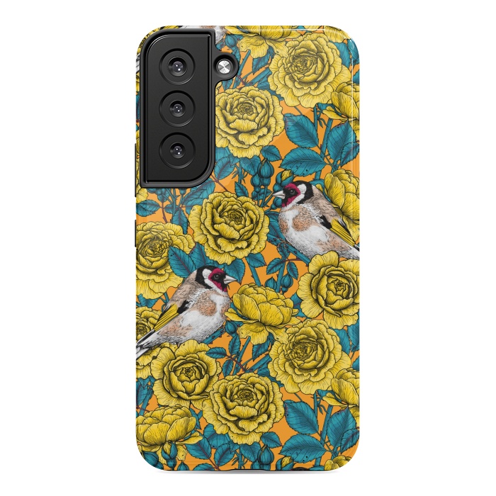 Galaxy S22 StrongFit Rose flowers and goldfinch birds by Katerina Kirilova