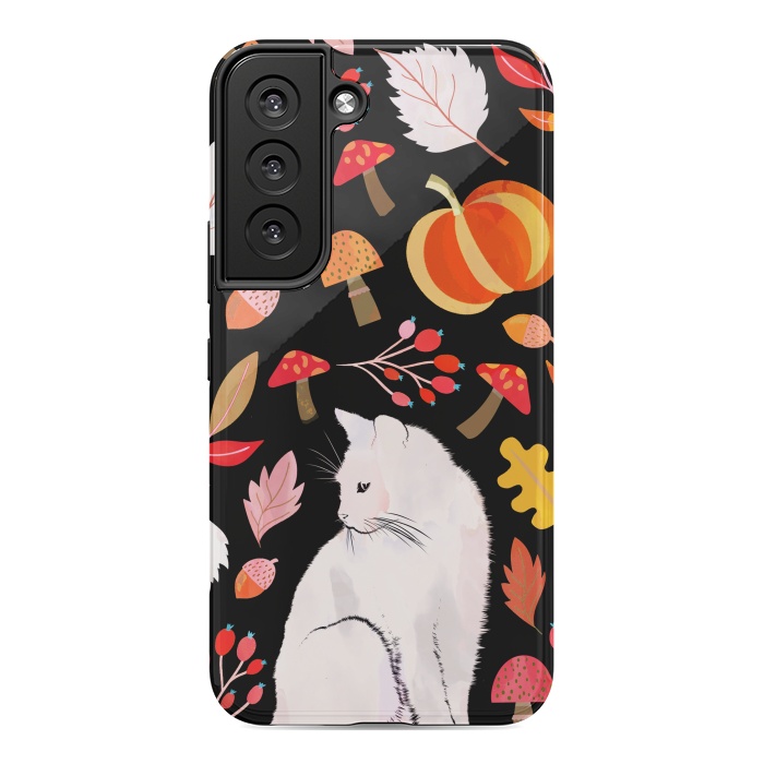 Galaxy S22 StrongFit Autumn nature pattern with white cat by Oana 