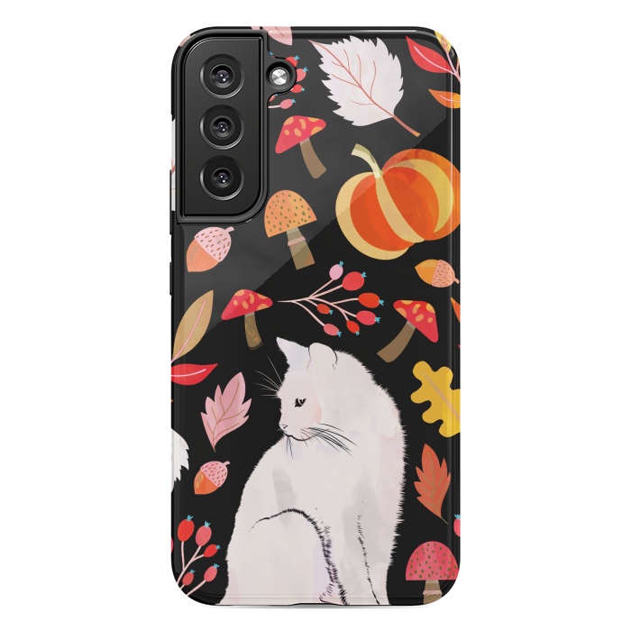 Galaxy S22 plus StrongFit Autumn nature pattern with white cat by Oana 