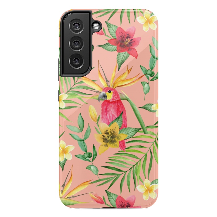 Galaxy S22 plus StrongFit Red parrot and tropical leaves by Julia Badeeva