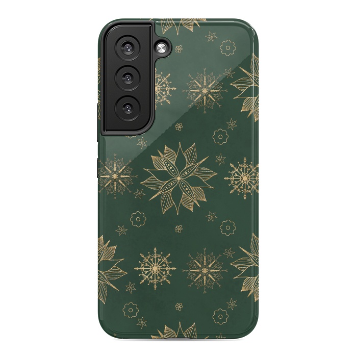 Galaxy S22 StrongFit Elegant Gold Green Poinsettias Snowflakes Winter Design by InovArts