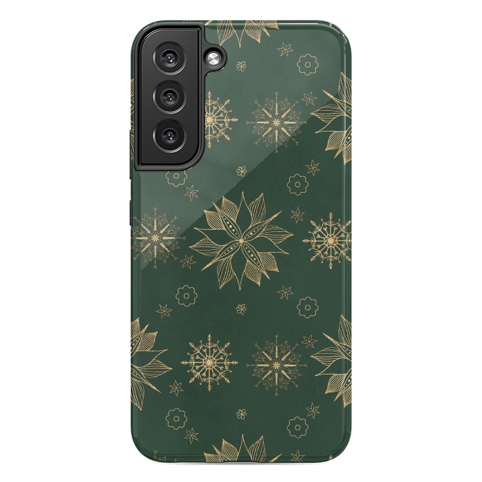 Galaxy S22 plus StrongFit Elegant Gold Green Poinsettias Snowflakes Winter Design by InovArts