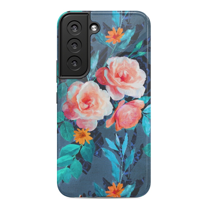 Galaxy S22 StrongFit Retro Rose Chintz in Radiant Coral on Blue by Micklyn Le Feuvre