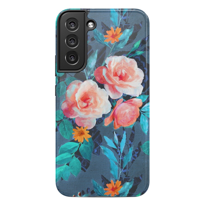 Galaxy S22 plus StrongFit Retro Rose Chintz in Radiant Coral on Blue by Micklyn Le Feuvre