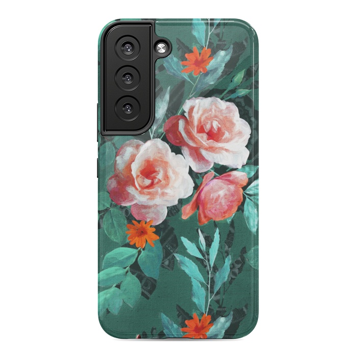 Galaxy S22 StrongFit Retro Rose Chintz in Melon Pink on Dark Emerald Green by Micklyn Le Feuvre