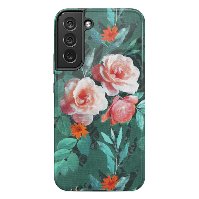 Galaxy S22 plus StrongFit Retro Rose Chintz in Melon Pink on Dark Emerald Green by Micklyn Le Feuvre
