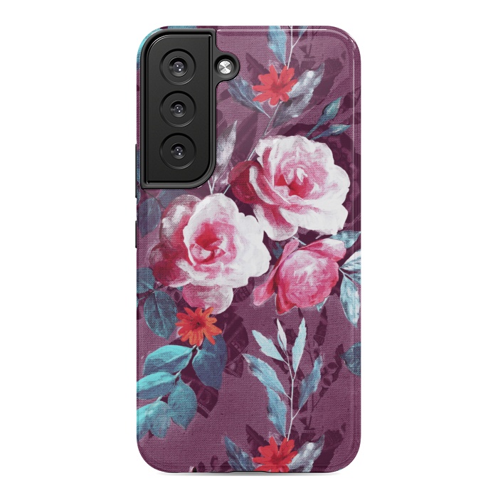 Galaxy S22 StrongFit Retro Rose Chintz in Magenta and Plum by Micklyn Le Feuvre