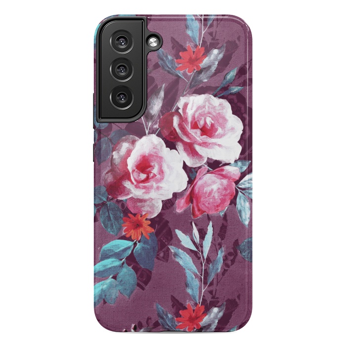 Galaxy S22 plus StrongFit Retro Rose Chintz in Magenta and Plum by Micklyn Le Feuvre