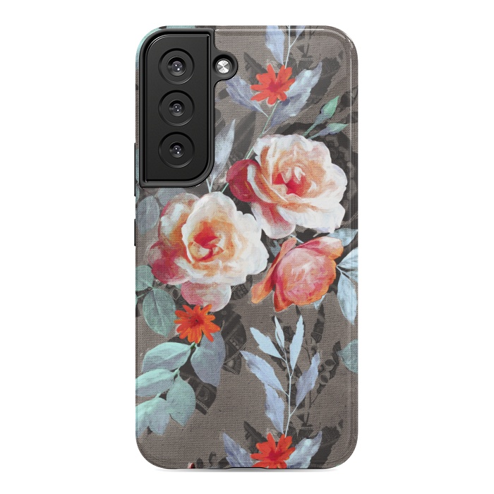 Galaxy S22 StrongFit Retro Rose Chintz in Scarlet, Peach, Sage and Grey by Micklyn Le Feuvre