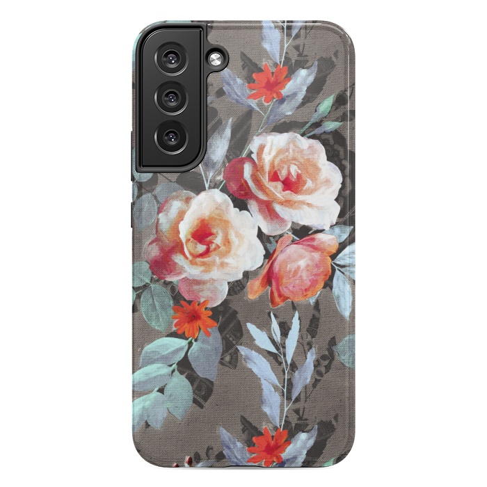 Galaxy S22 plus StrongFit Retro Rose Chintz in Scarlet, Peach, Sage and Grey by Micklyn Le Feuvre