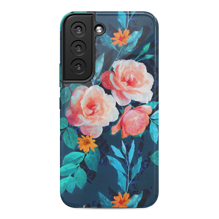 Galaxy S22 StrongFit Retro Rose Chintz in Bright Coral and Peach on Indigo Blue by Micklyn Le Feuvre