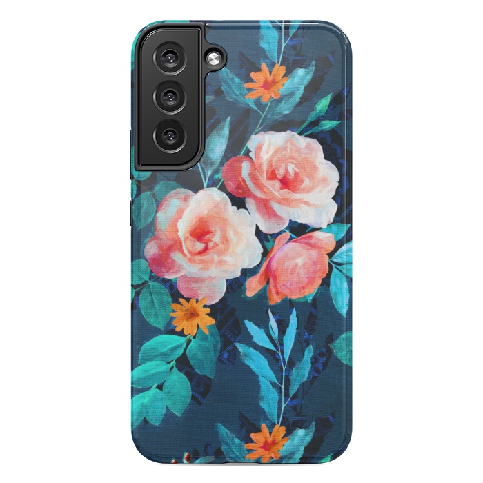 Galaxy S22 plus StrongFit Retro Rose Chintz in Bright Coral and Peach on Indigo Blue by Micklyn Le Feuvre